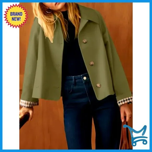 Lightweight Short Trench Jacket with Plaid Lining and Pockets - Picture 2 of 7